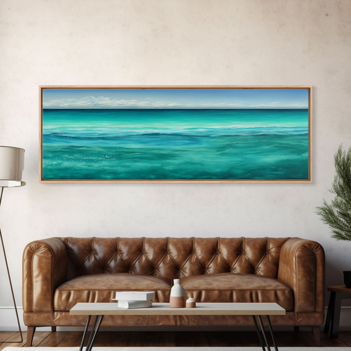 Panoramic Canvas Print of Blue Ocean Landscape Painting - Home and Office Decor, Sea Green, Seascapes, Pacific Ocean, Atlantic Ocean