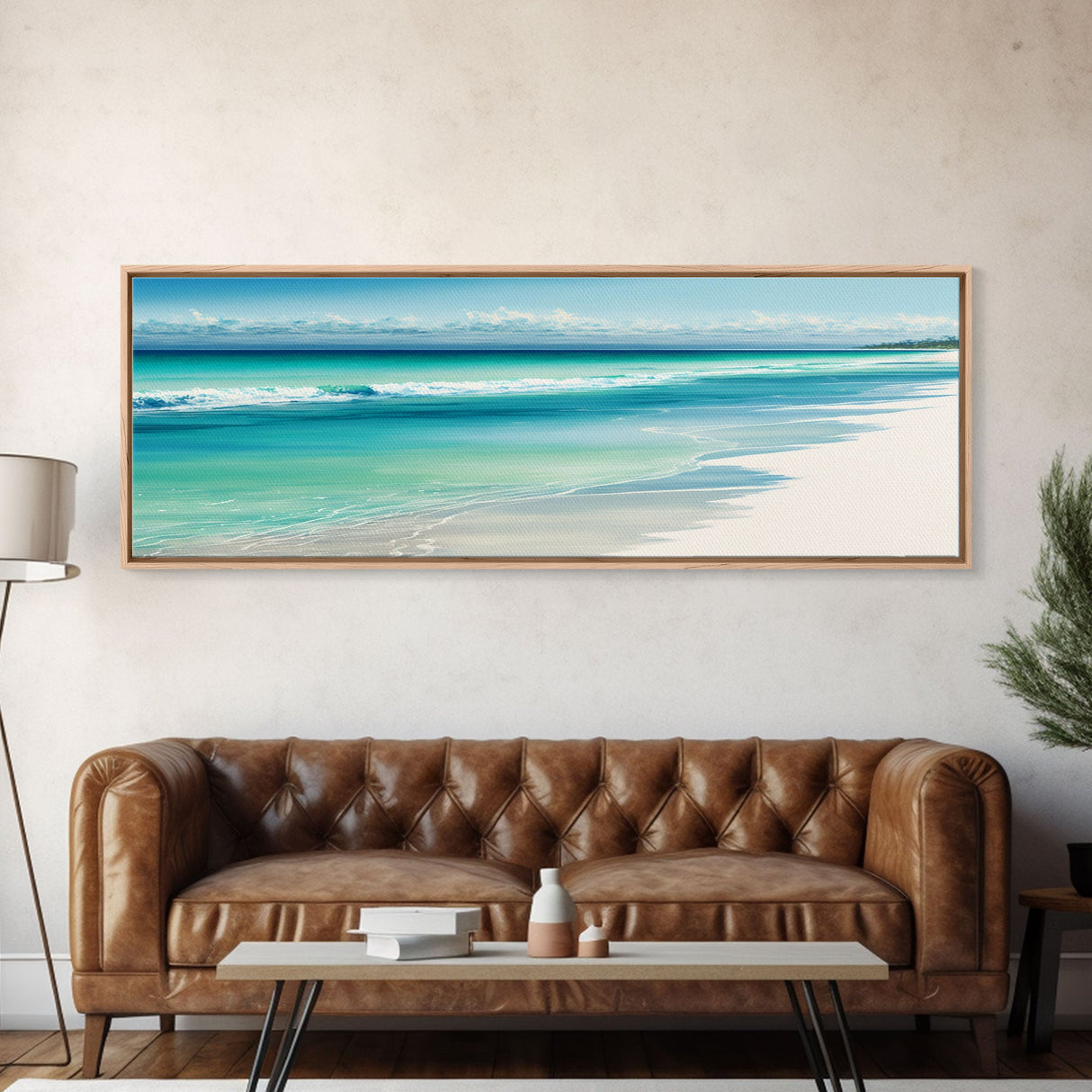 Blue Beach and Ocean Waves Panoramic Framed Canvas Print - Perfect for Living Room, Bedroom, Office Decor