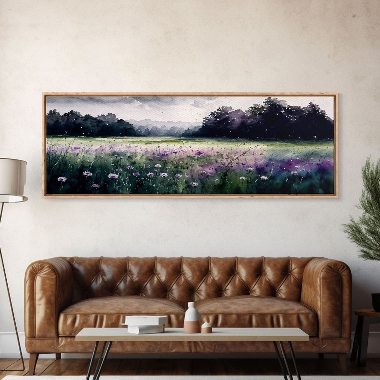 Panoramic Framed Canvas Print - Watercolor Purple Flower Field Landscape - Perfect for Living Room, Bedroom, Office, Guest Room Art