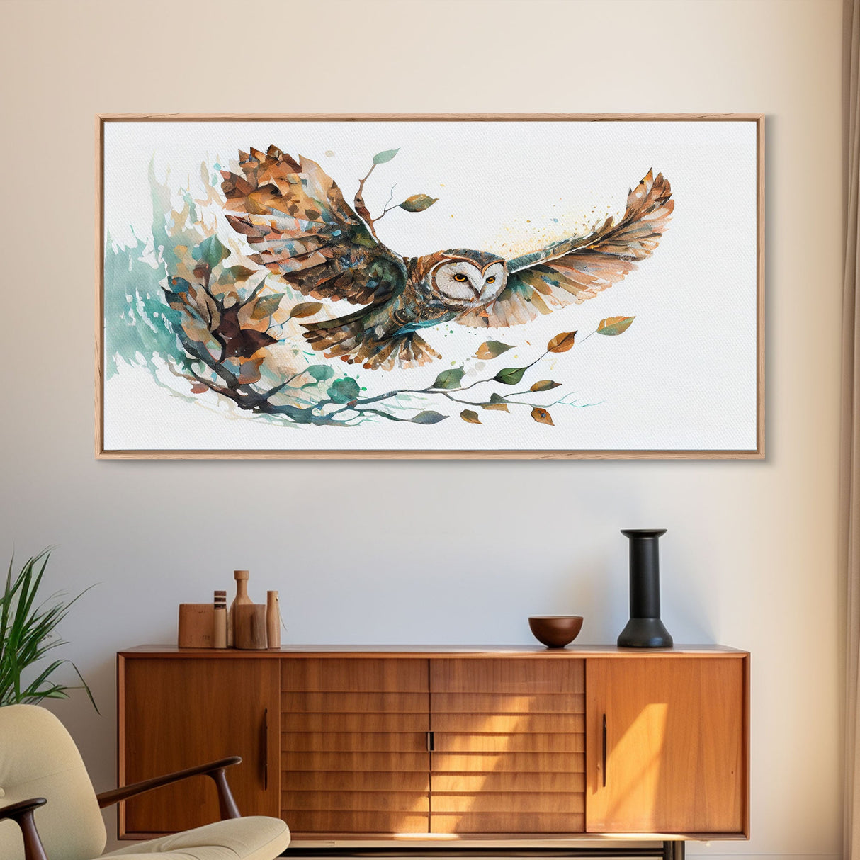 Flying owl with trees, leaves, forest double exposure, nature animal, owl illusion art, wrapped framed canvas print, office wall art