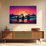 Surfing Penguins walking on the beach, retrowave art, framed canvas print, animal art