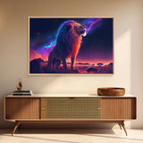 The Lion and the Galaxy, unique vibrant synthwave wall art, framed canvas print, animal lion print