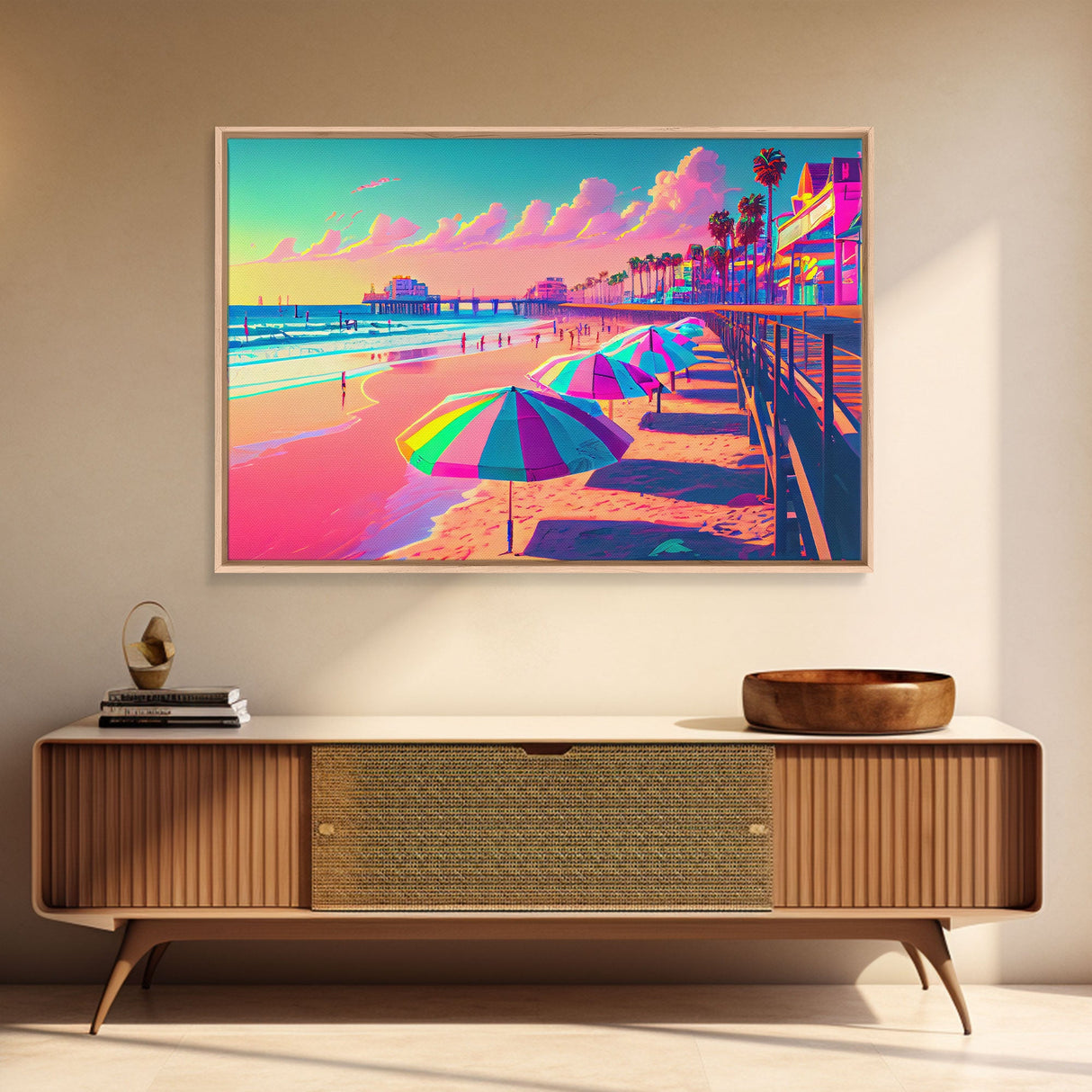 Neon Pastel wall art, vaporwave aesthetic boardwalk, neon beach, framed canvas print