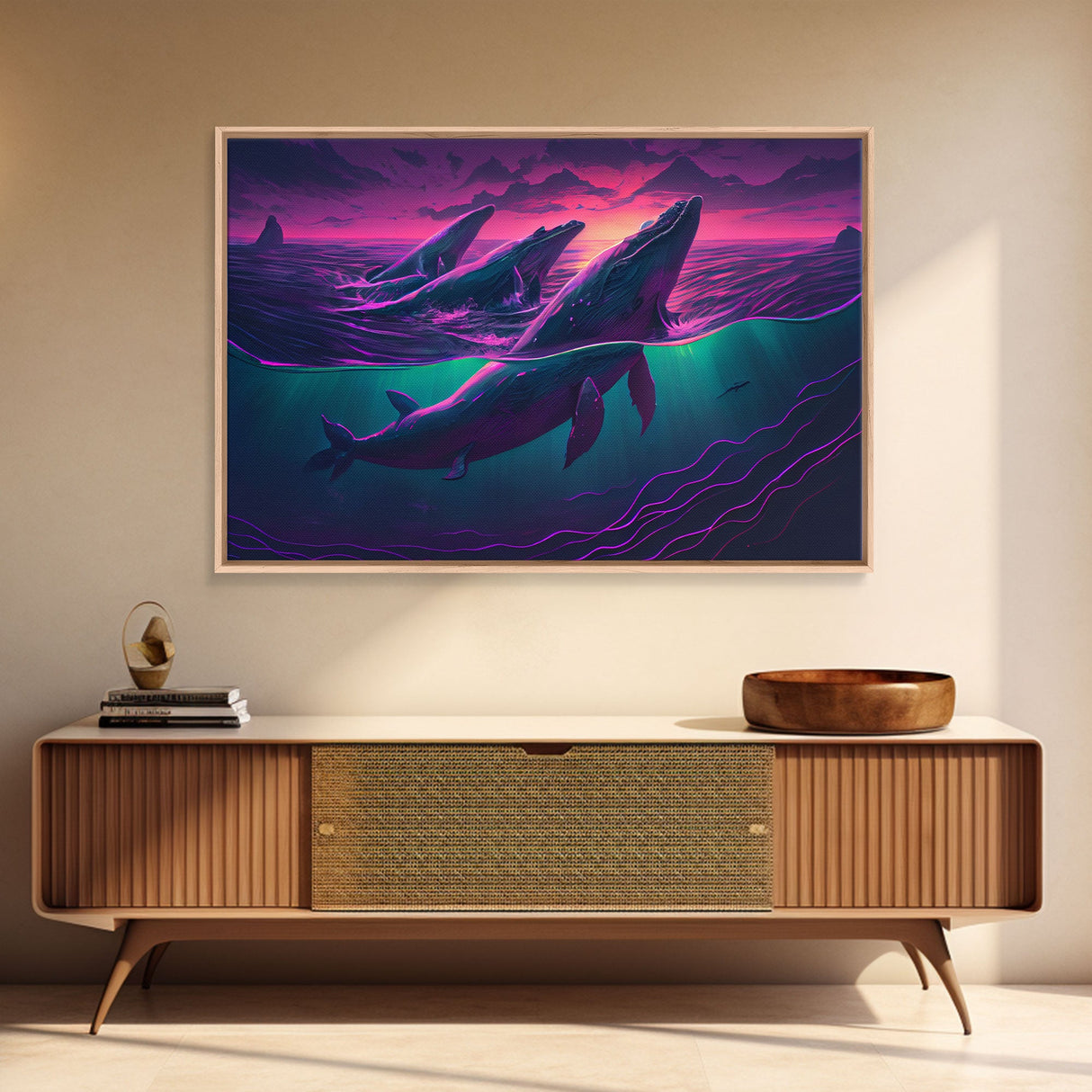 3 Blue Whales Breaching at Sunset, vaporwave synthwave ocean art, framed canvas print