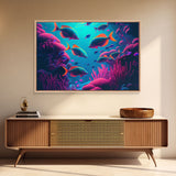 Coral Reef art, synthwave aesthetic ocean art, school of fish, framed canvas art, framed wall art canvas print