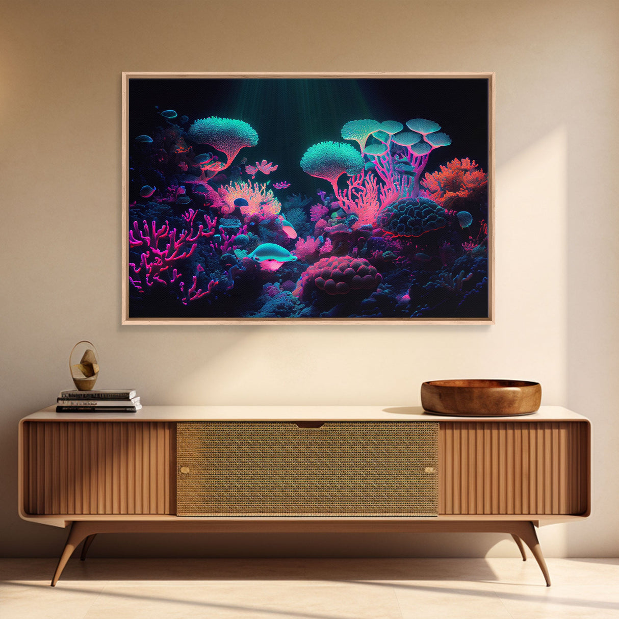 Coral Reef art, synthwave aesthetic ocean art, framed canvas art, framed wall art canvas print