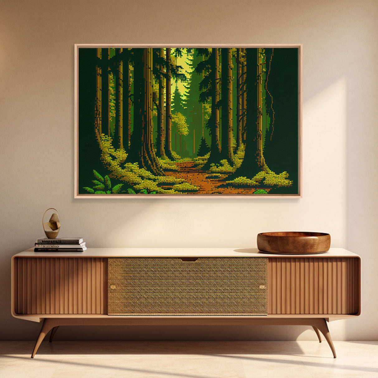 Among The Tall Trees, Beautiful forest 8 bit pixel art, framed canvas print, game room art