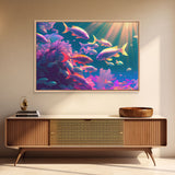 Tropical Reef Art, vaporwave pastel ocean fish art, school of fish art, framed canvas print