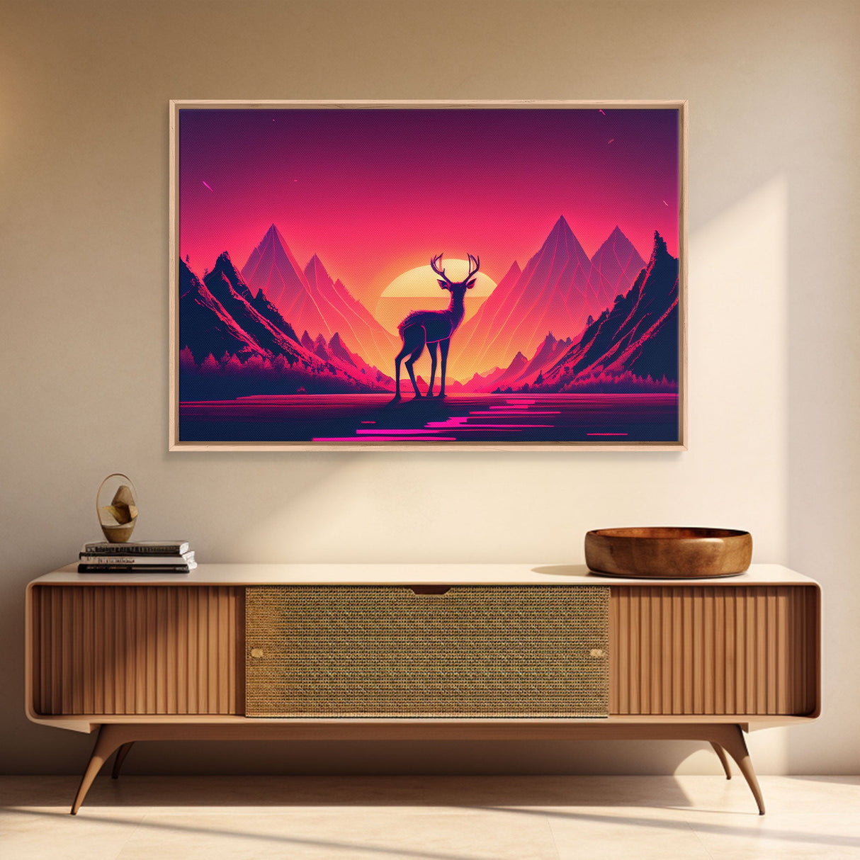 Deer at sunset, outrun style nature animal print, framed canvas print, sunrise art