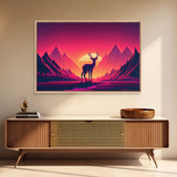 Deer at sunset, outrun style nature animal print, framed canvas print, sunrise art