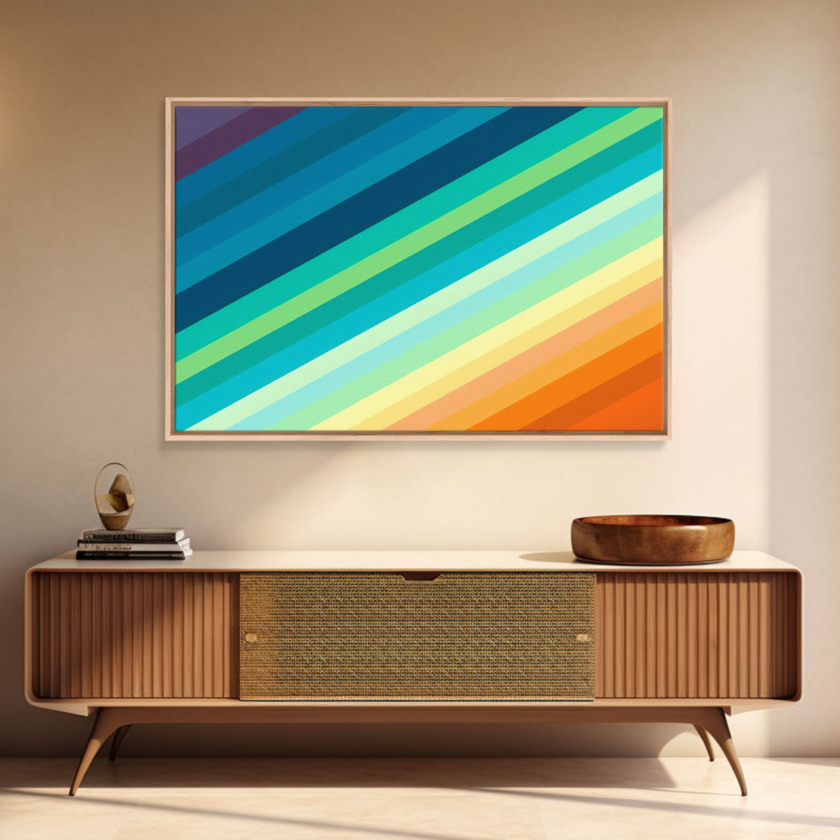 Mid Century Art Wide Framed Canvas Panoramic Art Retro Decor Modern Art Teal Orange Yellow Stripes Canvas Print Modern Wall Art