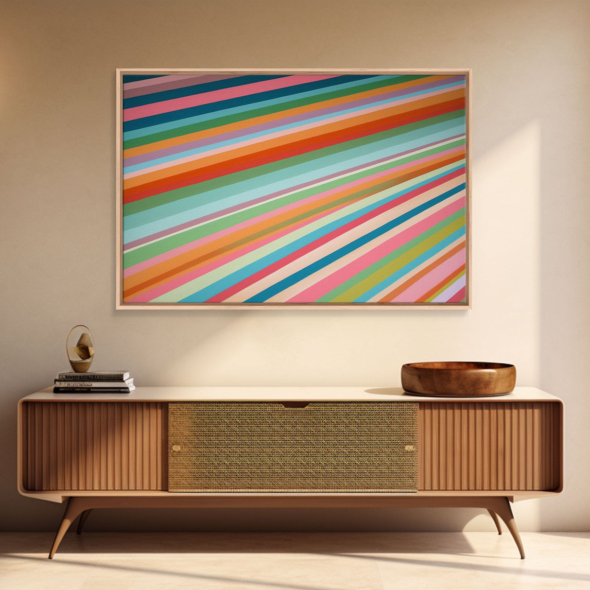 Mid Century Art Wide Framed Canvas Panoramic Art Retro Decor Modern Art Teal Orange Yellow Stripes Canvas Print Modern Wall Art