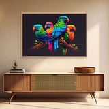 Tropical birds, vibrant and colorful animal print, parrots, framed canvas print, Framed wall art