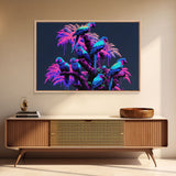 Synthwave Tropical Birds, Parrot Art, Framed canvas print, framed wall decor, vaporwave animal print