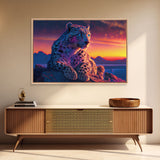 Portrait of a leopard at sunset, vaporwave art, framed canvas print, framed wall art, animal prints