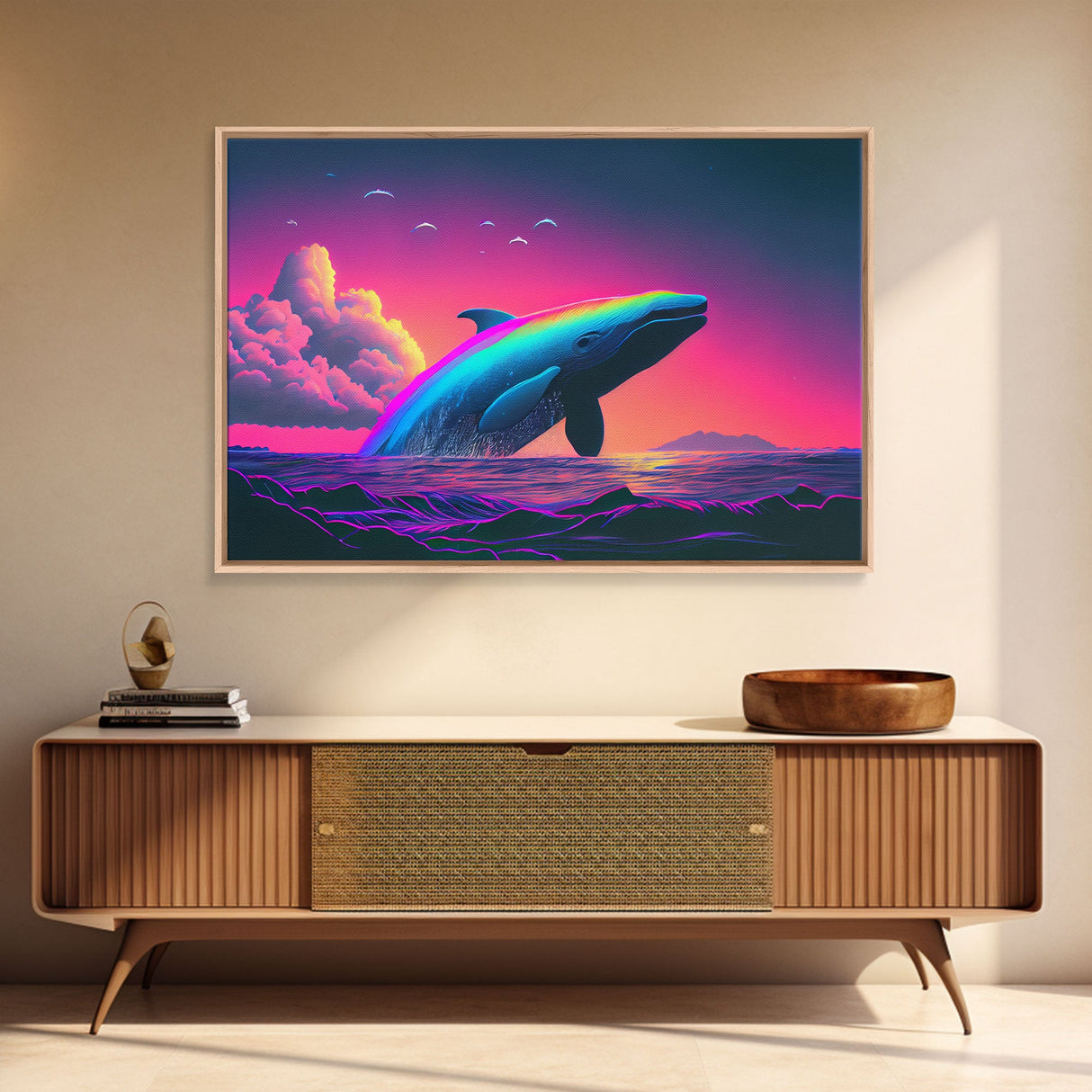 Humpback whale breaching a rainbow, vaporwave art, synthwave animal print, framed canvas print