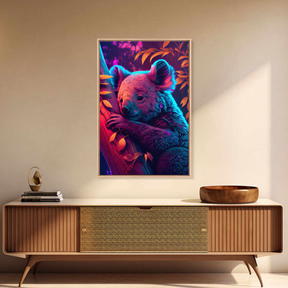 Cute Retro Wave Koala Bear, framed canvas print, Animals of Australia