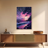 Pink Sunset, Vaporwave Aesthetic pixel art beach sunset, framed canvas print