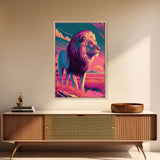 Retro style pastel art, watercolor painting of a lion, framed canvas print, vaporwave aesthetic animal print