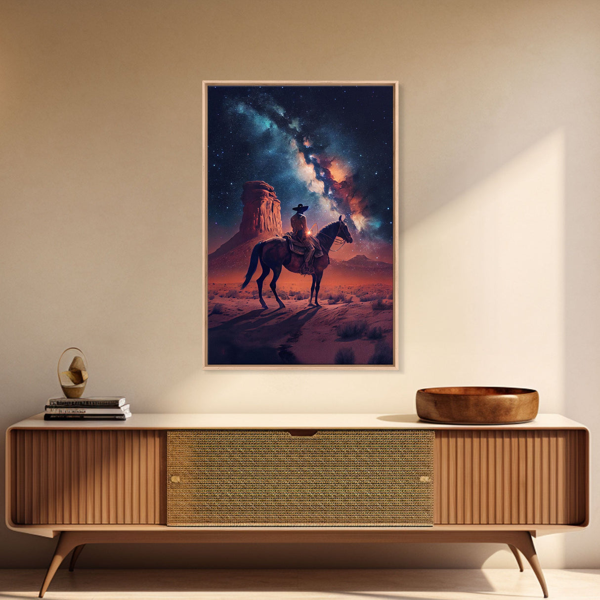 Cowboy contemplating the stars, framed canvas print, wild west art, western decor