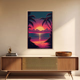 8 bit pixel art sunset, synthwave style palm tree beach, framed canvas print, framed wall art painting