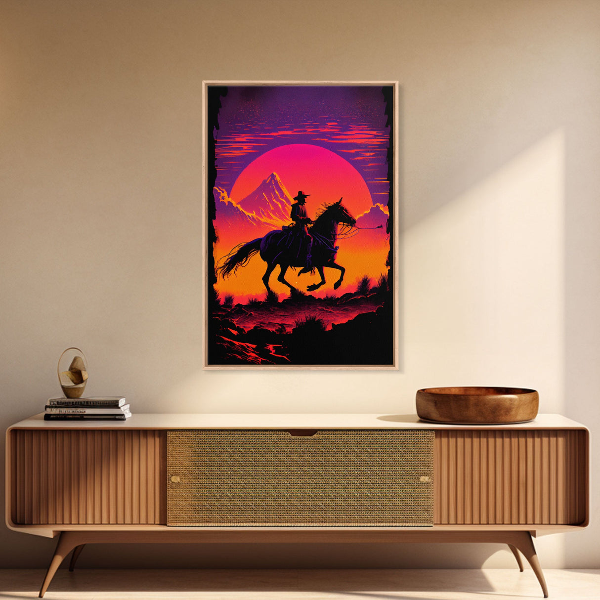 Outrun Style Wildwest Sunset Art, Framed canvas print, framed wall art, retro style western decor