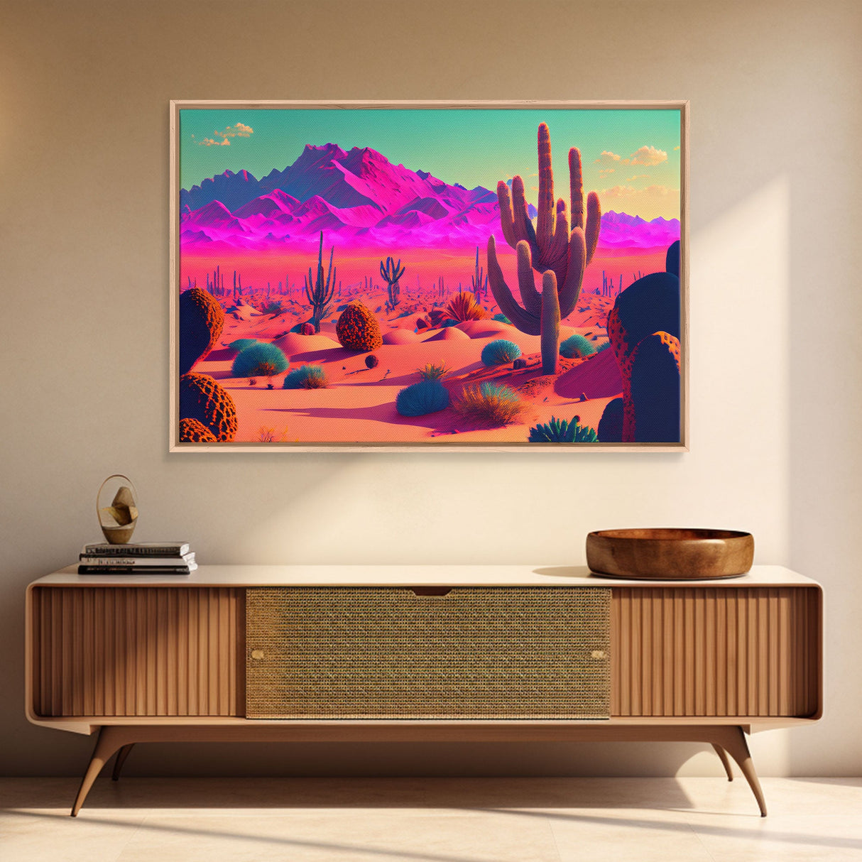 Vaporwave Aesthetic Cactus Art, Retro Desert Abstract, framed canvas print, Arizona art