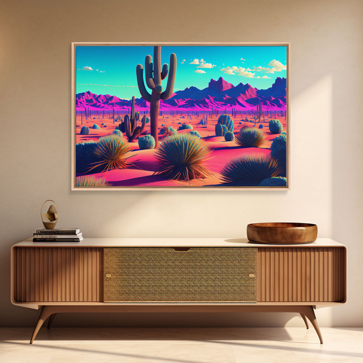 Synthwave Style Cactus Art, Retro Desert Abstract, framed canvas print, Arizona art