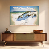 Whimsical watercolor of sand dunes on a beach, framed canvas print, beautiful living room wall art