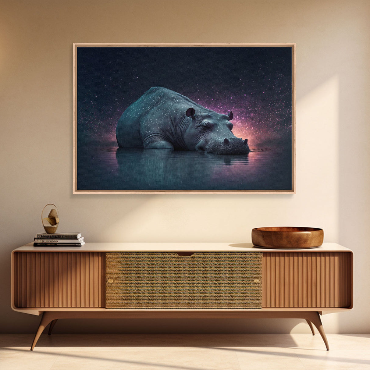 Sleepy Hippo, Animal Prints, framed canvas prints, wildlife art, starry night pastel hue art