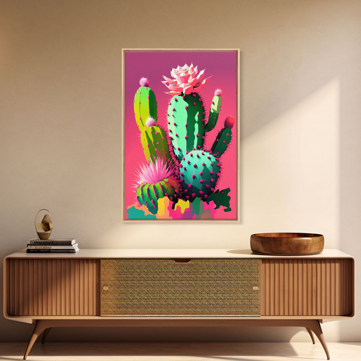 Cactus Art, Pop Art Style, Framed Canvas Print, Pueblo Style Midwest Decor, Western Art, Primitive Style Wall Art