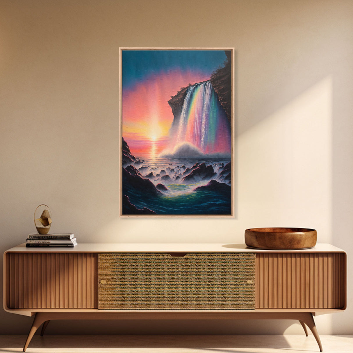 A Mythical Waterfall and Rainbow pouring Into the ocean blue at sunset, framed canvas print