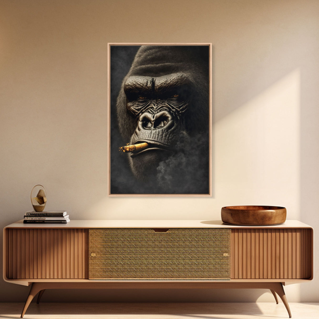 Smoking Gorilla canvas framed wall art, Gorilla Smoking print, Animal Print, Monkey Canvas print, Wall Decor