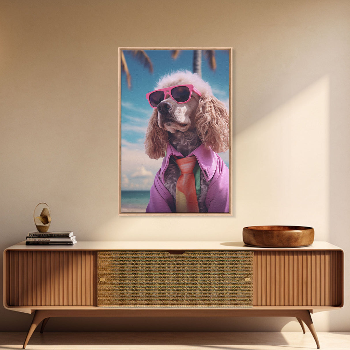 Poodle In Pink Shirt Sunglasses Wall Print, Beach Art, Dog Print, Dog Portrait, Framed Wall Art, Framed Canvas, Wall Print, Wall Canvas