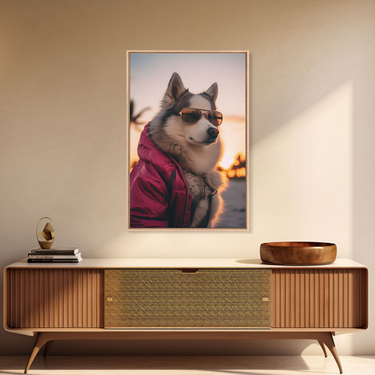 Siberian Husky In Pink Jacket Sunglasses Wall Print, Beach, Dog Print, Dog Portrait, Framed Wall Art, Framed Canvas, Wall Print, Wall Canvas