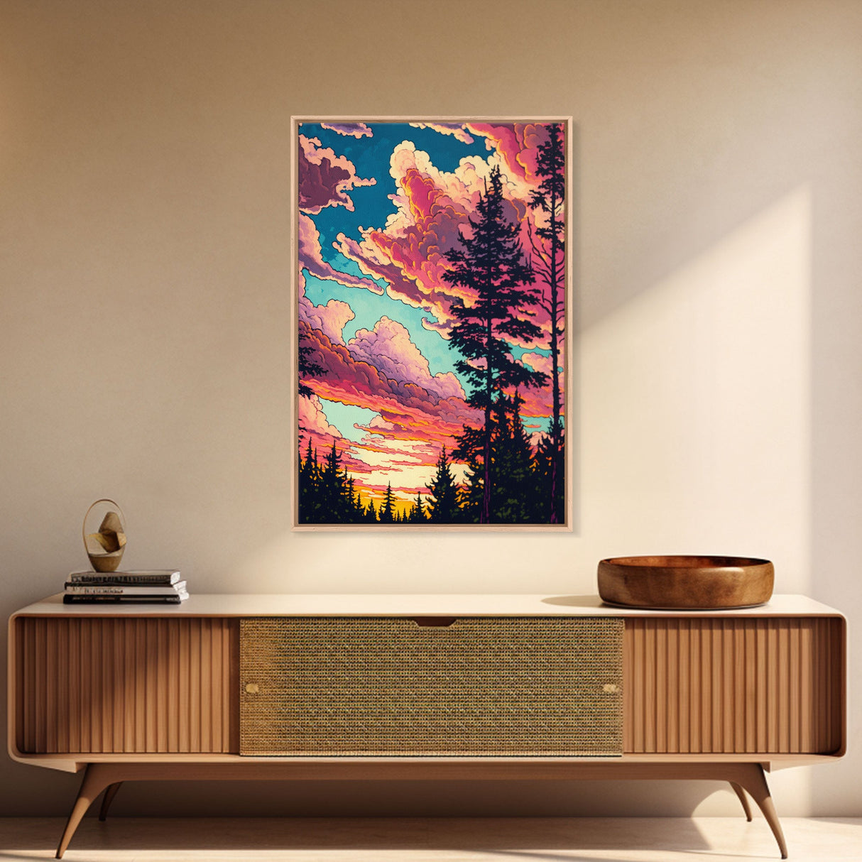 Pacific Northwest Forest Landscape Wall Art, Framed Canvas Print, Pink Cloudy Sunset Sky, Abstract Landscape Framed Art