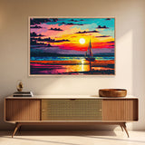 Sailing at Sunset, Watercolor Painting Canvas Print, Framed Wall Art, Unique Sunset Pop Art Ocean Landscape Decor