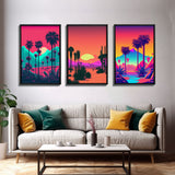 California Desert Art, Retro / Vaporwave / Synthwave 80s Vibes 3 Piece Canvas Prints, Game Room Art, Living Room / Bed Room Retro Decor