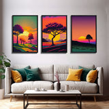 Triptych 3 panel Wall Art, Framed Canvas Prints, Synthwave Landscape Decor, MCM 80s Vibes Retro Style 3 Piece Art