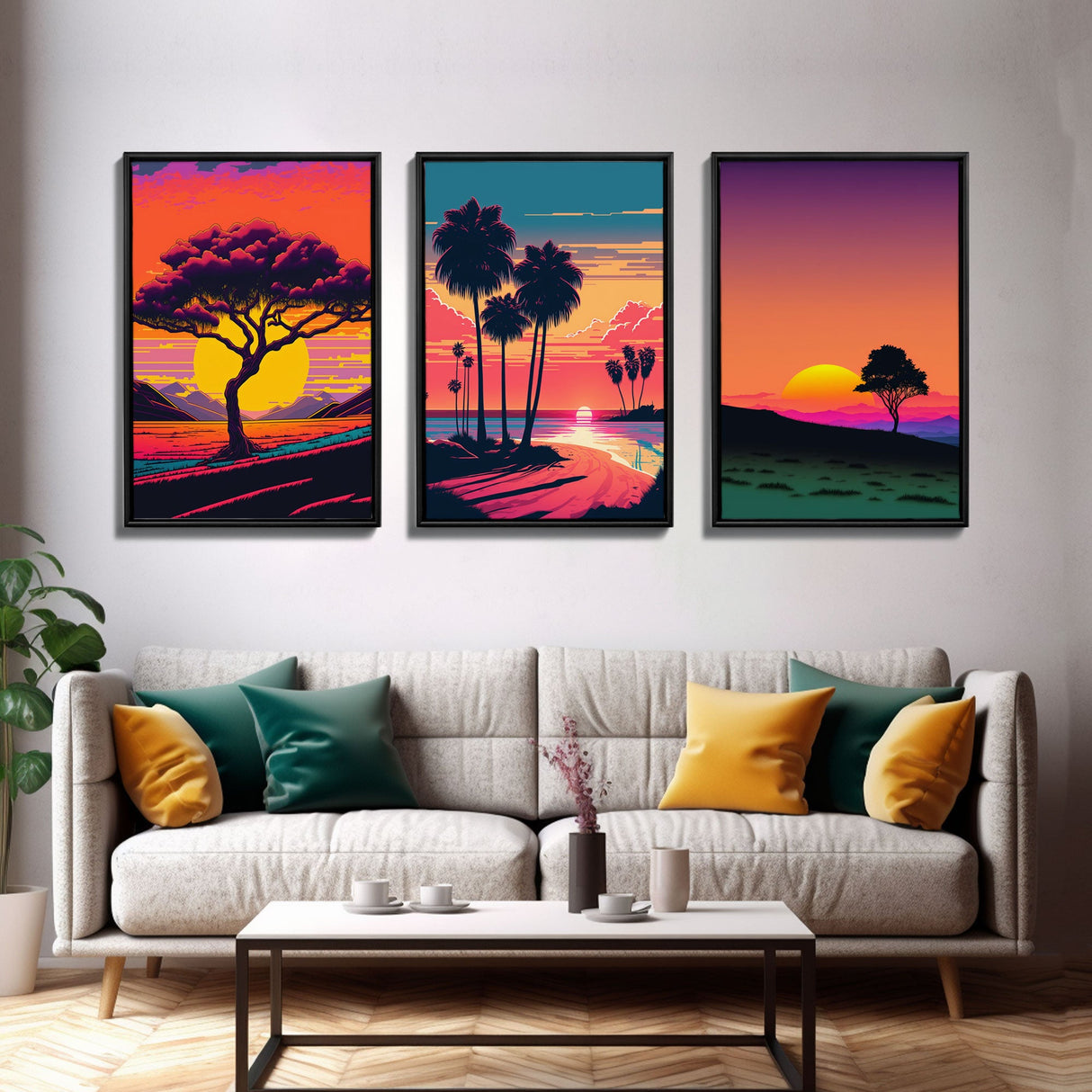 Triptych 3 panel Wall Art, Framed Canvas Prints, Synthwave Landscape Decor, MCM 80s Vibes Retro Style 3 Piece Art