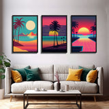 Midcentury Modern Wall Art, Mid Century Modern, 3 Piece Framed Canvas, 3 Panel Art, Triptych Art, Vaporwave Palm Trees and Sunset, 80s Retro