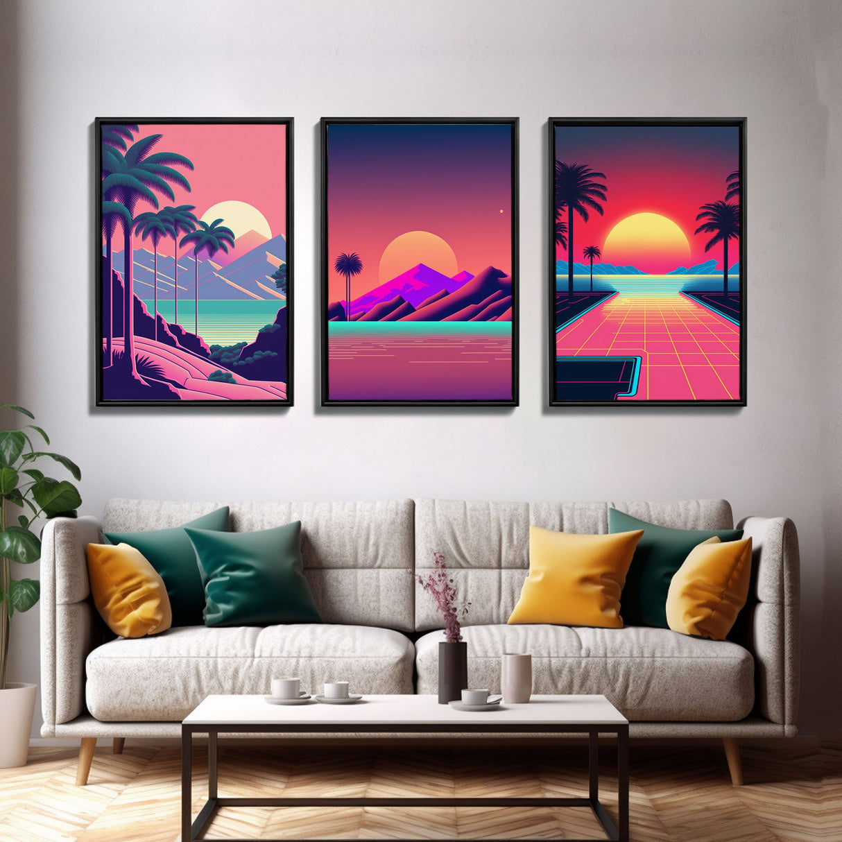 Retro 80s Style Art, 3 Panel Framed Canvas Prints, Canvas Wall Art, Synthwave / Vaporwave Aesthetic Retro Style Wall Art, Pink Wall Decor