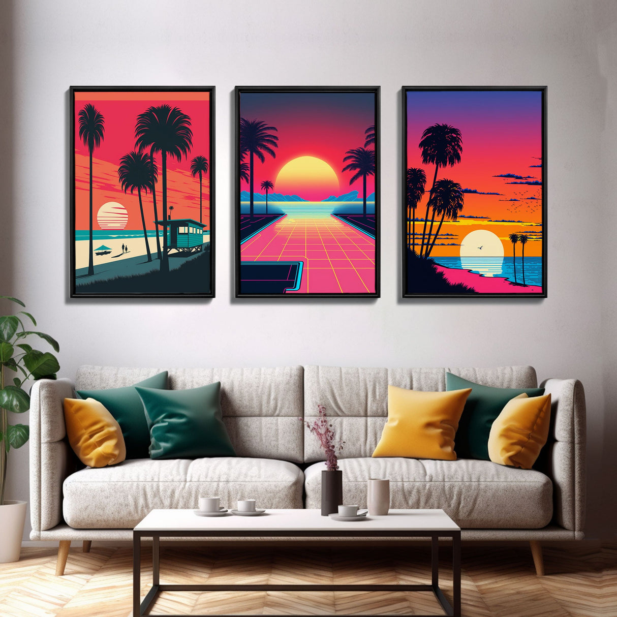 Midcentury Modern Wall Art, Mid Century Modern, 3 Piece Framed Canvas, 3 Panel Art, Triptych Art, Vaporwave Palm Trees and Sunset, 80s Retro