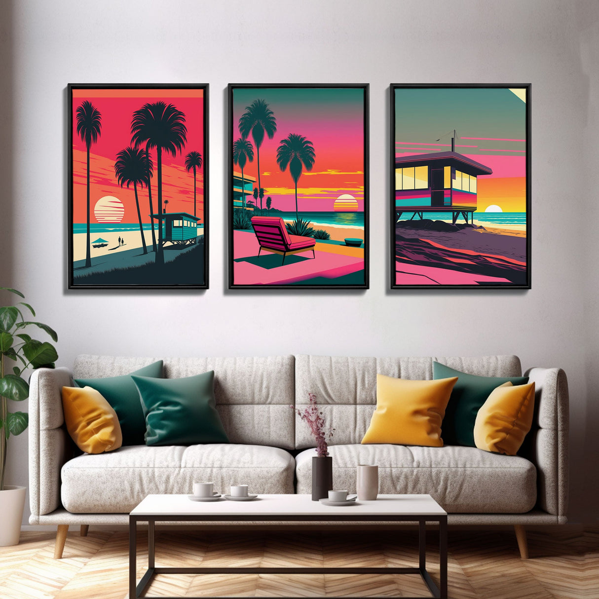 MCM Style Retro Wall Decor, Framed Canvas Prints, Triptych 3 Panel Wall Art, Retrowave Beach Art, Minimalist Boho Vaporwave Architecture Art