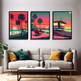 MCM Style Retro Wall Decor, Framed Canvas Prints, Triptych 3 Panel Wall Art, Retrowave Beach Art, Minimalist Boho Vaporwave Architecture Art