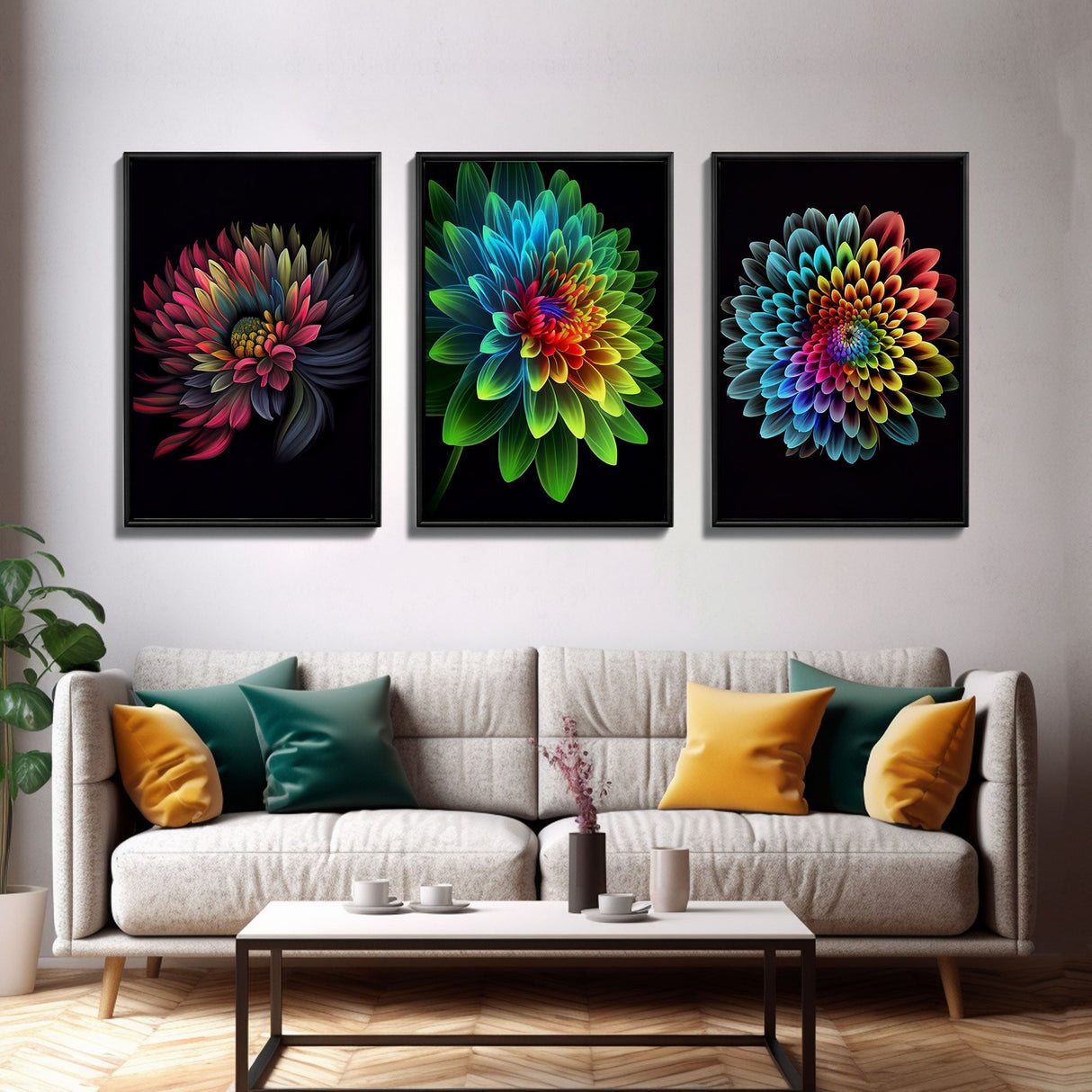 Triptych 3 Panel Wall Art - Framed Canvas Prints - Neon Flowers - Retro Style Flower Paintings - Boho Decor - Minimalist Wall Art - Modern