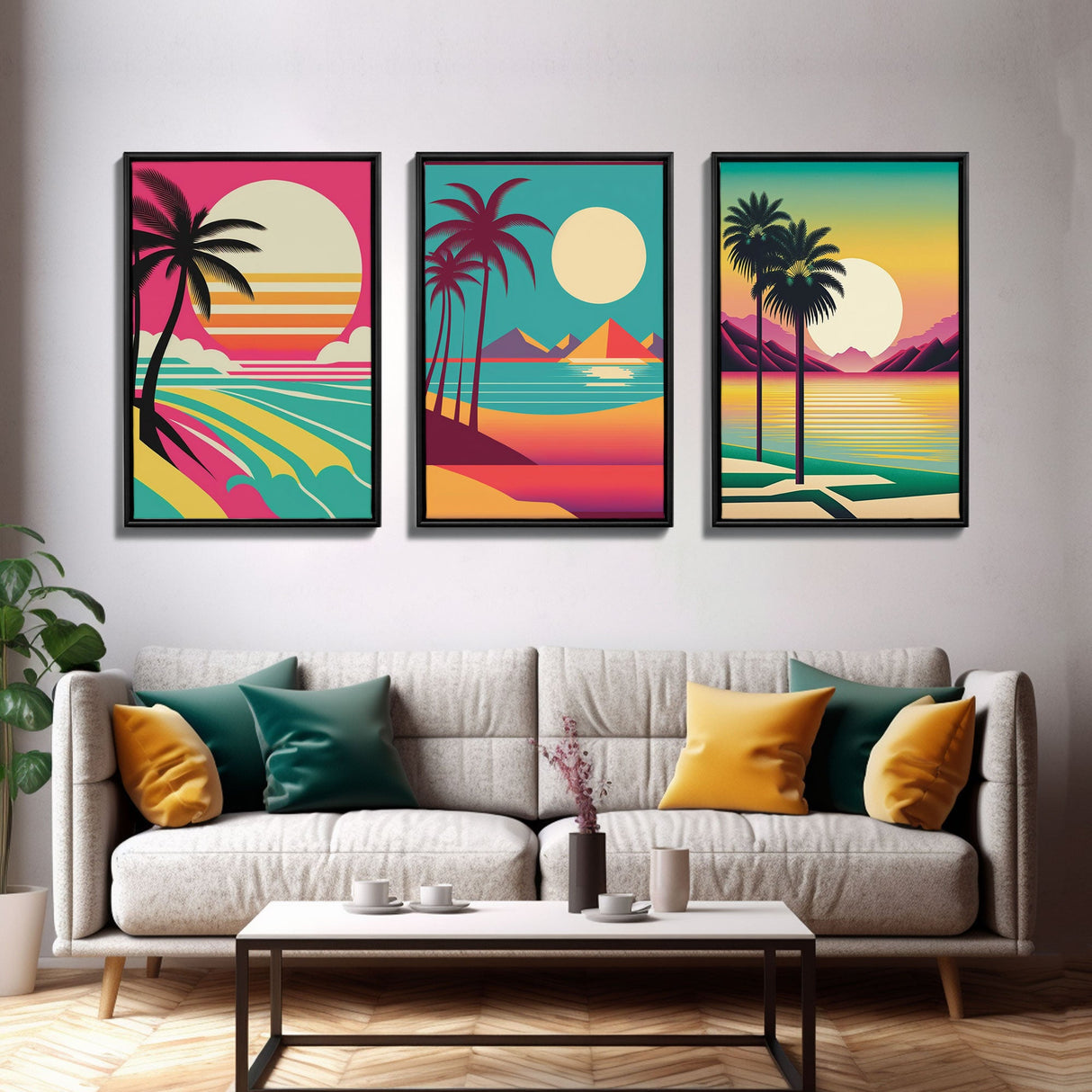 Beautiful Turquoise Retro Style Beach Art, Triptych 3 Panel Framed Canvas Prints, Palm Trees and Sunset, 80s Vibes Vaporwave Art Deco Mashup