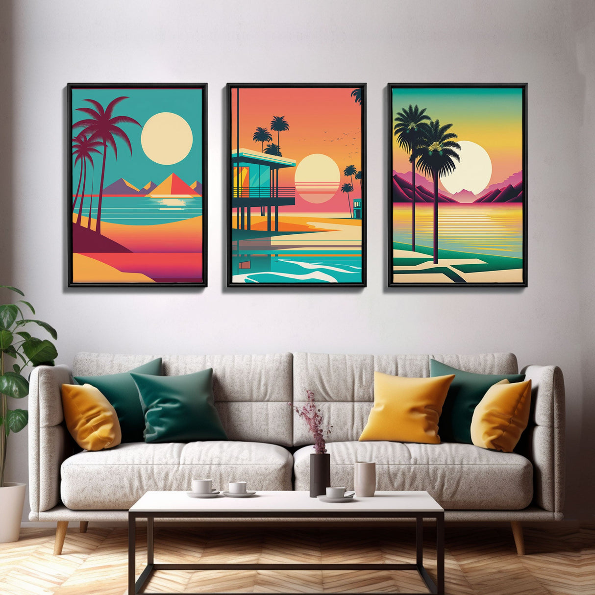 Beautiful Turquoise Retro Style Beach Art, Triptych 3 Panel Framed Canvas Prints, Palm Trees and Sunset, 80s Vibes Vaporwave Art Deco Mashup