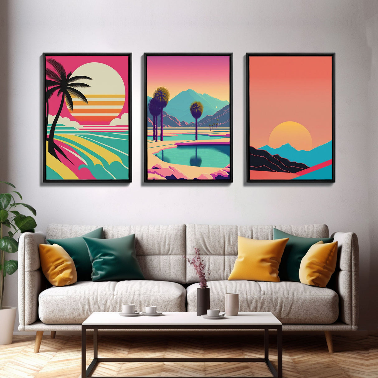 Beach Vibes - Midcentury / Art Deco / 80 Vibes Mash up - Framed Canvas Prints - Turquoise Sky and Palme Trees - 3 Panel Art, Triptych Prints