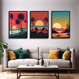 Beach Vibes - Midcentury / Art Deco / 80 Vibes Mash up - Framed Canvas Prints - Turquoise Sky and Palme Trees - 3 Panel Art, Triptych Prints